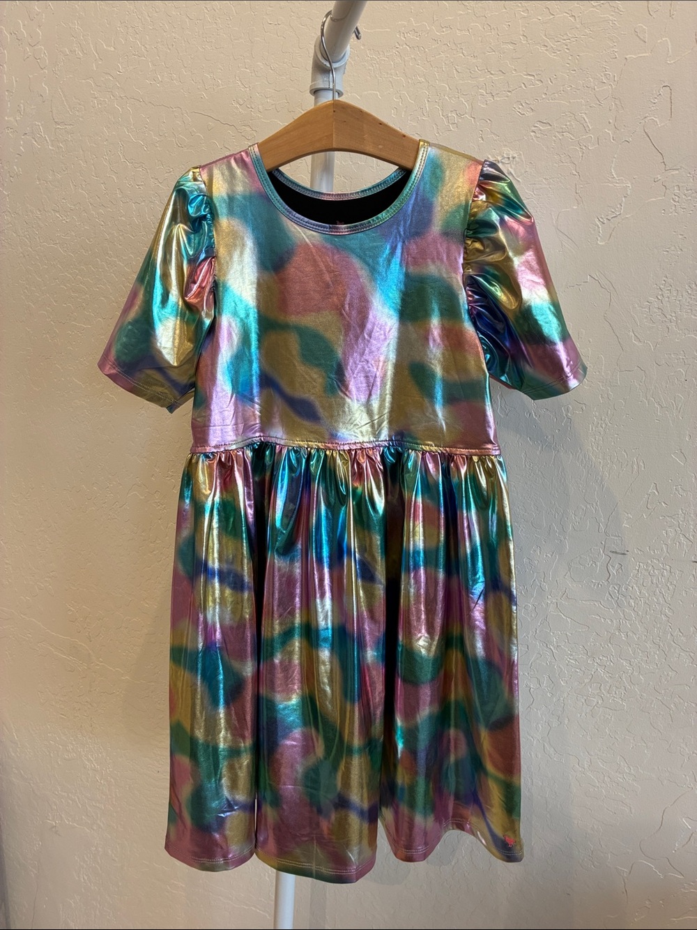 Pink Chicken Metallic Iridescent Rainbow Puff Sleeve Dress